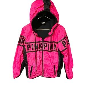 Victorias Secret Pink Hot Pink Black Spellout Hooded Full Zip Windbreaker Jacket